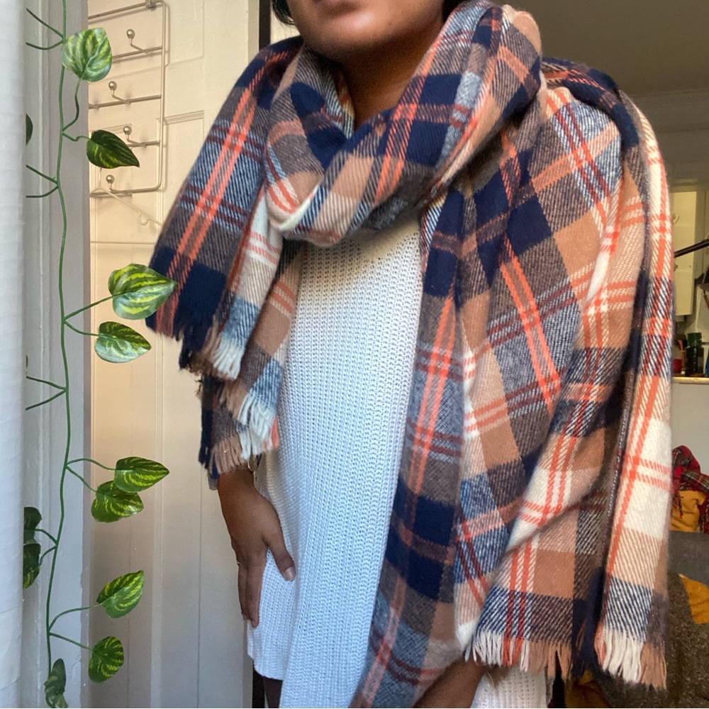Brown Orange and Navy Blue Plaid Winter Scarf